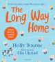 Text: "Cover Coming Soon. The Long Way Home. February 2026. Holly Bourne. Ella Okstad." Illustration von zwei lachenden Kindern.