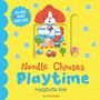 Text: "SLIDE AND DECIDE", "Noodle Chooses Playtime", "MAGENTA FOX". Illustration mit rotem Hund., Buch