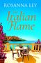 "Rosanna Ley, The Italian Flame." Eine Terrasse mit Tisch und Stühlen, Blick auf Küste und Meer, bunte Häuser im Hintergrund.