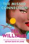 "The Missed Connection", Tia Williams, Illustration einer Frau mit rotem Lippenstift, Flugzeug, Sonne, blauer Hintergrund.