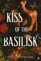 „Kiss of the Basilisk“, „A Split or Swallow Novel“, „Lindsay Straube“. Eine nackte Frau mit einer Schlange, umgeben von Blumen und Früchten.