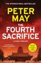 Text: "The International Bestseller", "Peter May", "The Fourth Sacrifice", "A China Thriller", "12 Million copies sold". Ein Tempel vor einem roten Himmel.