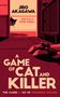 „JIRO AKAGAWA“, „A GAME OF CAT AND KILLER“. Eine Katze späht um die Ecke, rote Farbtöne dominieren das Bild.