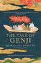 „THE TALE OF GENJI“, Murasaki Shikibu. Zitat von Tom Holland. Illustration: Menschen in einem Boot unter roten Bäumen., Buch