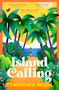 „Charming and absorbing“, „Absolutely blissful“. Palmen, Strand, Person mit Rucksack, gelber Himmel, blauer Ozean., Buch