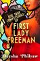 „The True Confessions of First Lady Freeman“ Deesha Philyaw. Frau in Rot hält Buch und Glas. Buntglas-Illustration.
