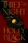 „THIEF OF NIGHT“ und „HOLLY BLACK“ in goldener Schrift auf dunkelrotem Hintergrund. Illustration mit Mond und Sternen.