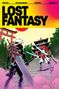 „LOST FANTASY“ in großen schwarzen Buchstaben auf gelbem Hintergrund. Eine Figur mit Schwert steht einem Samurai-Roboter gegenüber.