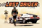 „The Last Driver“ Schriftzug, zwei Figuren vor einem weißen Rennwagen. Eine Figur hält einen Schraubenschlüssel., Buch