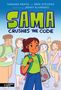 „SAMA CRUSHES THE CODE“. Ein Mädchen mit einem <3-T-Shirt, Rucksack und Laptop, umgeben von fröhlichen Kindern. Ein Graphic Novel.