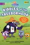 Text: "Work It Out Wombats! RIDDLES OF THE TREEBORHOOD. Choose Your Path to Work Out Riddles." Illustration von Tieren.