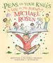"PEAS ON YOUR KNEES: A Life in the Poems of MICHAEL ROSEN." Kinder spielen auf einem großen Buch, ein Kind hält es hoch.