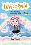 „UNICORNIA. The Rainbow Swimming Pool. Ana Punset, illustrated by Diana Vicedo.“ Ein fröhliches Mädchen vor Regenbogen.