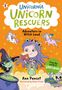 "Unicornia Unicorn Rescuers: Adventure in Witch Land". Illustration: Mädchen, Buch, Einhörner, Hexe, orange Hintergrund.