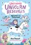 Der Text lautet: "Unicornia Unicorn Rescuers Adventure in Fairy Land" von Ana Punset, illustriert von Diana Vicedo. Es ist eine bunte Illustration mit Einhörnern und Feen.