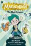 "Magicornia: The Magic Compass" in großen, bunten Buchstaben. Illustration mit einem fröhlichen Kind, Dinosaurier und Einhorn.