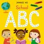 Text: "JANNIE HO School ABC". Drei Kinder mit Buch, Globus und Buntstiften auf gelbem Hintergrund., Buch