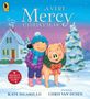 "A Very Mercy Christmas" und "Mercy Ornament inside!". Mädchen und Schwein im Schnee vor Haus und geschmücktem Baum.