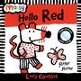 Text: "Hello Red", "high contrast with mirror", "flitter flutter". Illustration: Maus mit rotem Fleckenmuster und Schmetterling.