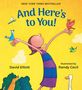 „And Here's to You!“. Illustration von Person, Tieren und Vögeln gegen gelben Hintergrund mit Wolken.