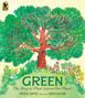 Aufschrift: "GREEN: The Story of Plant Life on Our Planet" von Nicola Davies, illustriert von Emily Sutton. Illustration großer Baum.