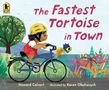 „The Fastest Tortoise in Town“. Kind mit Helm fährt Rad, Schildkröte im Korb. Buntes Laub und Baum sichtbar., Buch
