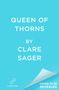 „QUEEN OF THORNS BY CLARE SAGER. COVER TO BE REVEALED.“ Helles Blau mit einer Ecke, die sich umblättert., Buch