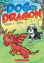 „DOG vs. DRAGON“ von Maggie P. Chang. Ein roter Drache und ein schwarz-weißer Hund auf einer Wiese, zwei Bäume im Hintergrund., Buch