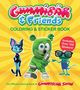 Text: "Gummibär & Friends", "COLORING & STICKER BOOK", "Includes Over 100 Stickers!". Drei bunte Cartoon-Charaktere vorne., Buch
