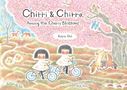 Text: "Chirri & Chirra Among the Cherry Blossoms" und "Kaya Doi". Zwei Kinder auf Fahrrädern unter blühenden Kirschbäumen., Buch