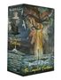 „The Complete Earthsea“ von Ursula K. Le Guin. Gemälde mit Drachen und Stadt. Liste der enthaltenen Werke im Set.