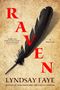 "Raven" in großen roten Buchstaben, eine schwarze Feder, antike Symbole im Hintergrund, Buch von Lyndsay Faye., Buch