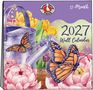 "2027 Wall Calendar" und "12-Month". Illustration: Gießkanne, Schmetterlinge, bunte Blumen. Oben ein rundes Logo.