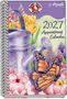 „2027 Calendar“, „A brand new year of delicious recipes...“. Illustration: Kuchen, gelbe Blumen, Fenster, Felder.