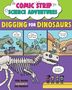 „Comic Strip Science Adventures: Digging for Dinosaurs“ steht oben. Drei Panels zeigen Dinosaurier und ein Mädchen.