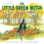 "The Little Green Witch" steht oben. Eine grüne Hexe mit Hut tanzt neben Kürbissen unter herbstlichen Bäumen.