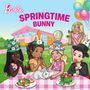 Text: "Springtime Bunny". Illustration von Kindern bei einem Picknick, dekoriert mit Hasenmotiven und Frühlingshüten., Buch