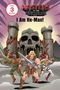 Titel: "I Am He-Man!" Drei Helden vor einer Burg mit Totenschädel. Dynamische Actionpose, bunte Kampfkleidung.
