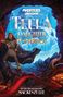 "TEELA: DAUGHTER OF ETERNOS" über blauem Eis. Eine Frau in einem Umhang hält einen Speer, umgeben von einer Höhle und Gold., Buch