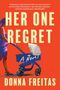 "Her One Regret" und "A Novel." Illustration einer Person mit Kinderwagen auf orangem Hintergrund.