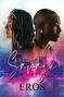 Text: "Birth of a Savage" und "Eros". Zwei Personen im Profil, eine Frau mit Dreadlocks und ein Mann mit Ohrring, vor buntem Stadtbild.