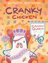 "Katherine Battersby, Cranky Chicken, Candy Queen." Illustration eines Huhns mit Krone, Umhang und Lollipops.