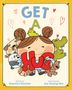 „GET A HUG“ in bunten Buchstaben, lächelndes Kind mit Tieren. Illustration mit herzförmigen Symbolen im Hintergrund.