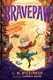 Titel: Bravepaw und der Fangstone von Flintfall. Maus mit Stab in einer Bibliothek voller Bücher, Wind weht Blätter weg., Buch