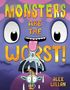 "MONSTERS ARE THE WORST!" Text mit großen bunten Buchstaben. Übergroßes Monster schaut, tropft auf Elf mit Regenschirm. Autor: Alex Willan., Buch