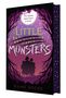 Text: "The March sisters have a secret. Little Monsters." Silhouette von vier Mädchen, umrahmt von Zweigen vor violettem Himmel., Buch