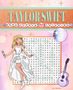Text: "TAYLOR SWIFT", "WORD SEARCH AND COLORING", "SWIFTIES", "SONGWRITER", "TALENTED", Illustration einer Person mit Mikrofon., Buch