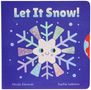 Text: "Let It Snow!". Illustration einer lächelnden Schneeflocke mit kindlichem Gesicht, blauem Hintergrund.