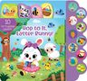 „Hop to It, Easter Bunny! 10 Springtime Sounds.“ Illustration mit Osterhase, Lamm und Küken in einer bunten Frühlingslandschaft., Buch