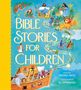 "Bible Stories for Children" auf blauem Hintergrund mit Illustrationen biblischer Szenen, wie Arche und Jesus.